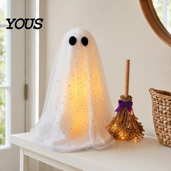 Witch Broomstick with Lights Halloween Ghost Decoration Broom, Spooky Sequins Mesh White Ghost, Cute Photo Prop Adjustable Standing for Party,