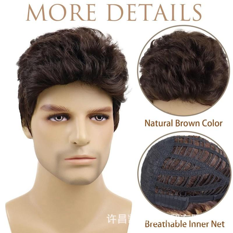 Mens Short Brown Wig Fashion Age-Reducing Synthetic Any Face Shape