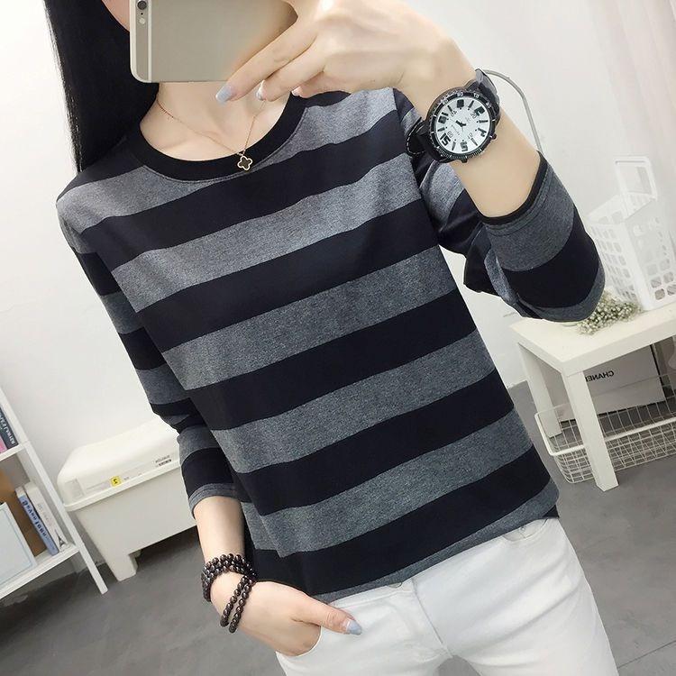 Damen Oversized Baumwolle Langarm T-Shirt Koreanischer Stil Locker Lässig Gestreift Bequem Oberteile