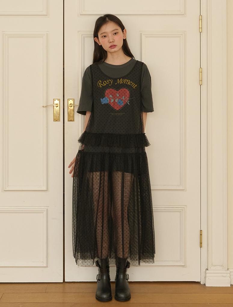 Opening Sunshine Dot See-Through Long Layered Mesh Dress_Black
