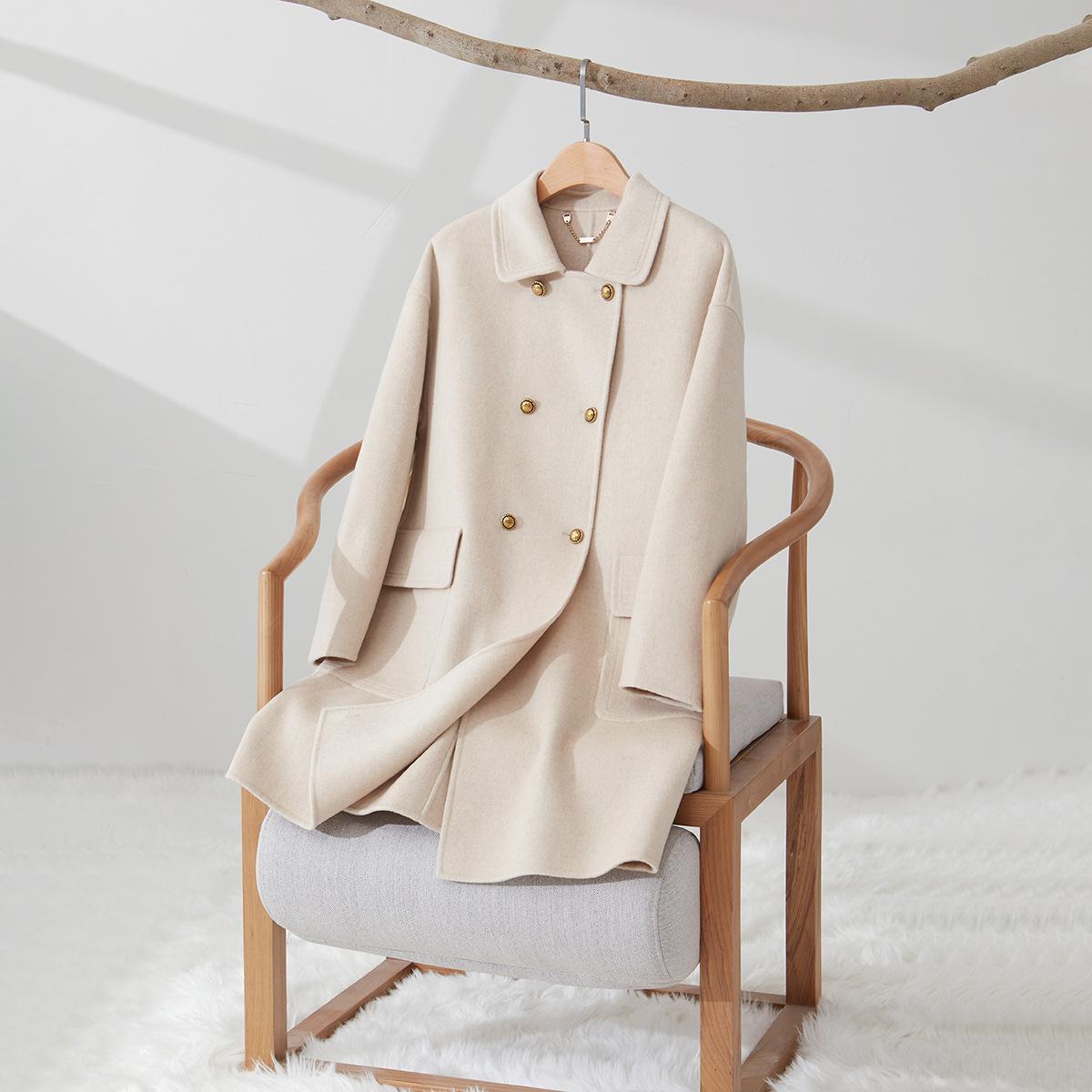 

Темпераментное межсезонное шерстяное кашемировое двустороннее нейлоновое пальто с лацканами и золотой пряжкой, длинное женское шерстяное пальто L