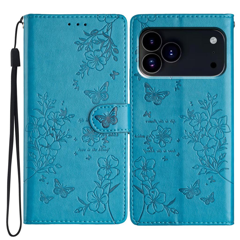 For iPhone 17 Pro Max Wallet Phone Case Butterfly Floral Imprint Leather Flip Cover with Strap