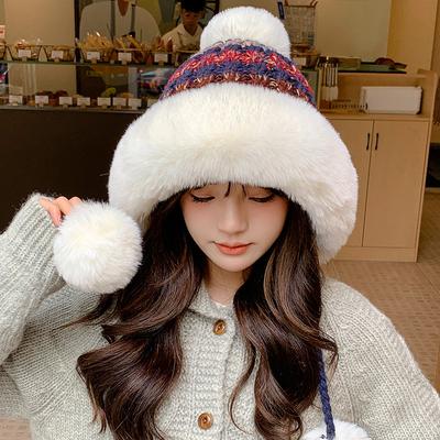 Women's Autumn and Winter Wool Knitted Hat Plush Thickened Warm Windproof Hat Northeast Cold Ear Protection Hat