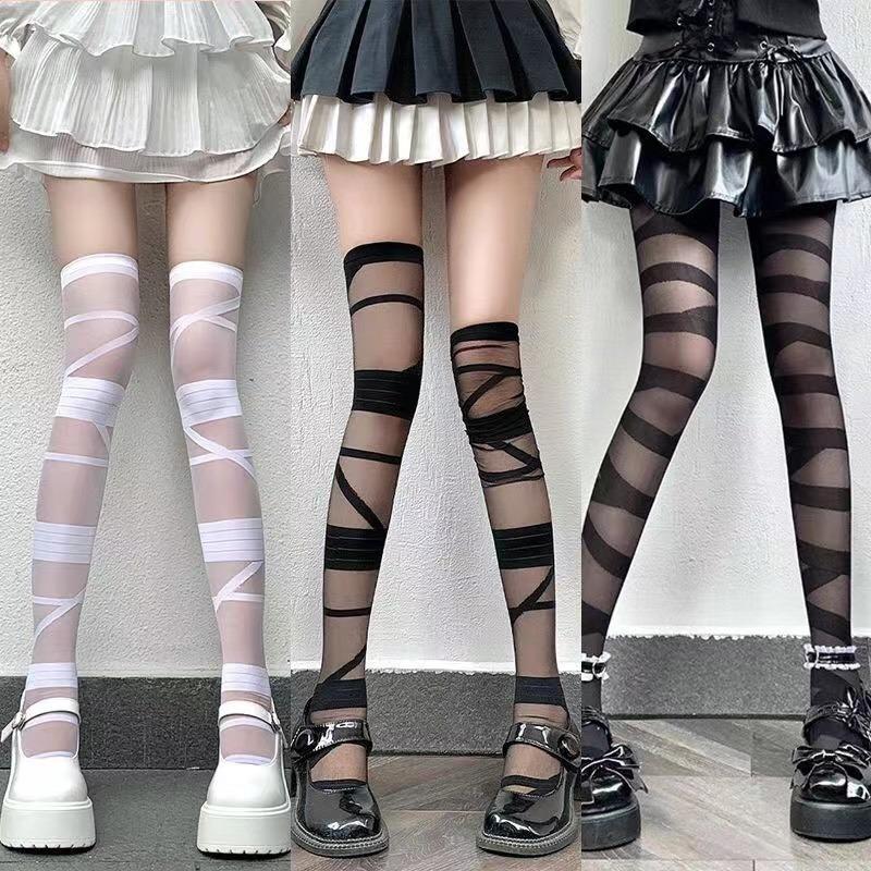 New Fashion Ultrathin Women Spicy Girl Bandage Stripe Long Sock Female Japanese Lolita Jk Sexy Summer Cross Tube White Stockings