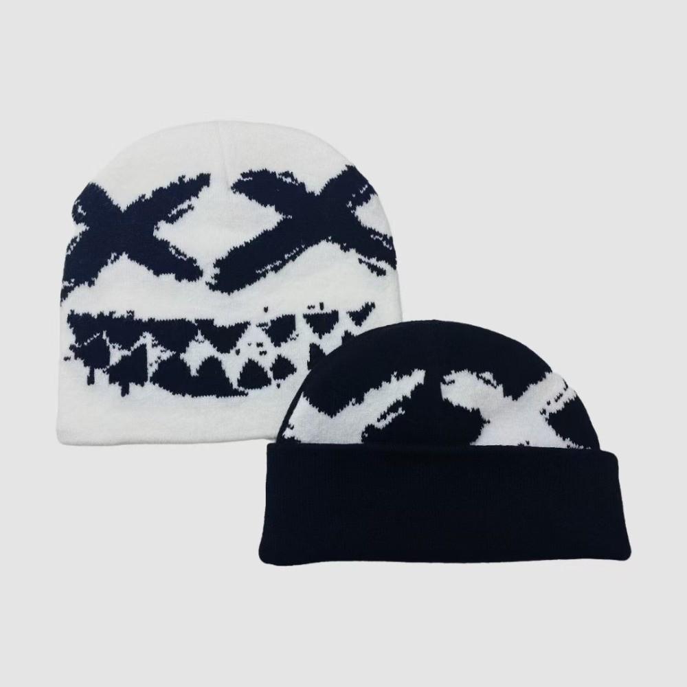Elastic Y2K Knitted Hat Halloween Black White Pullover Cap Personality Brimless Beanie Cap  Warmer