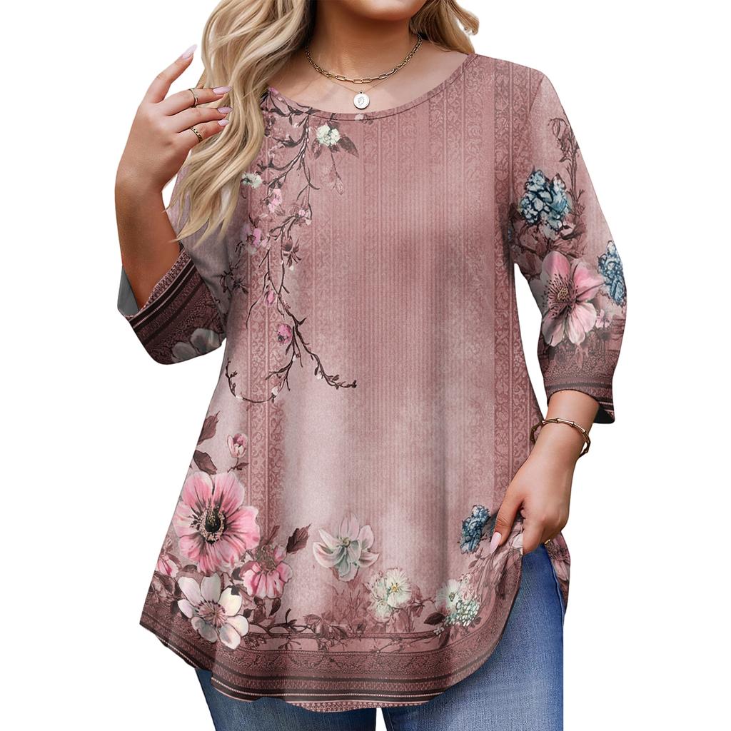 Top Moda da Donna Stampa Floreale Taglie Forti Manica 3/4 Orlo Arrotondato Girocollo