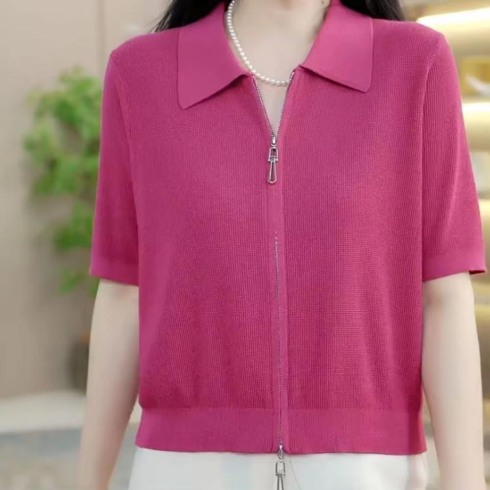 Ice Silk Polo Neck T-shirt Short Sleeve New Fashionable Fashionable Shoulder Zipper Belly-covering Short Lapel Top