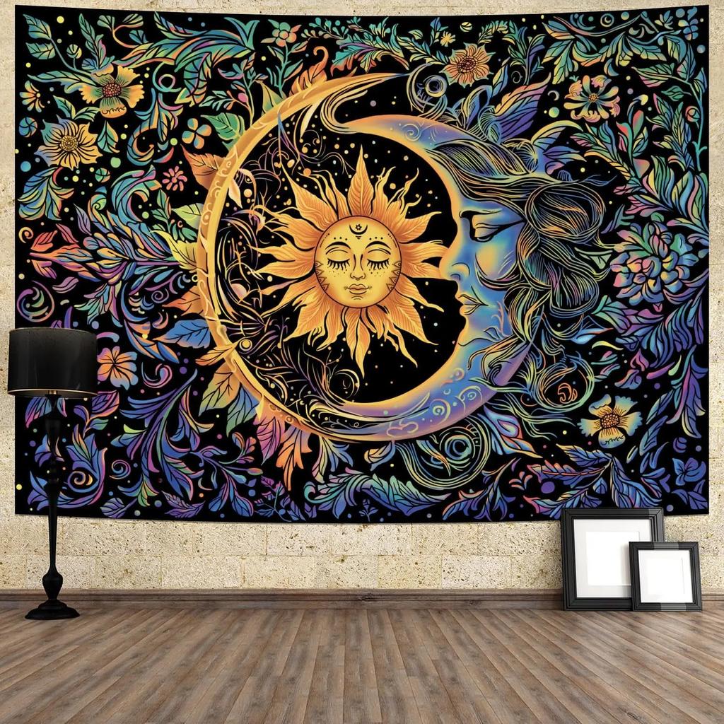 1 Sun Moon Floral Tapestry Single Sided 2D Print Soft Polyester Tapestry Bedroom Living Room Dorm Boho Decor Mystical Vibe Gift