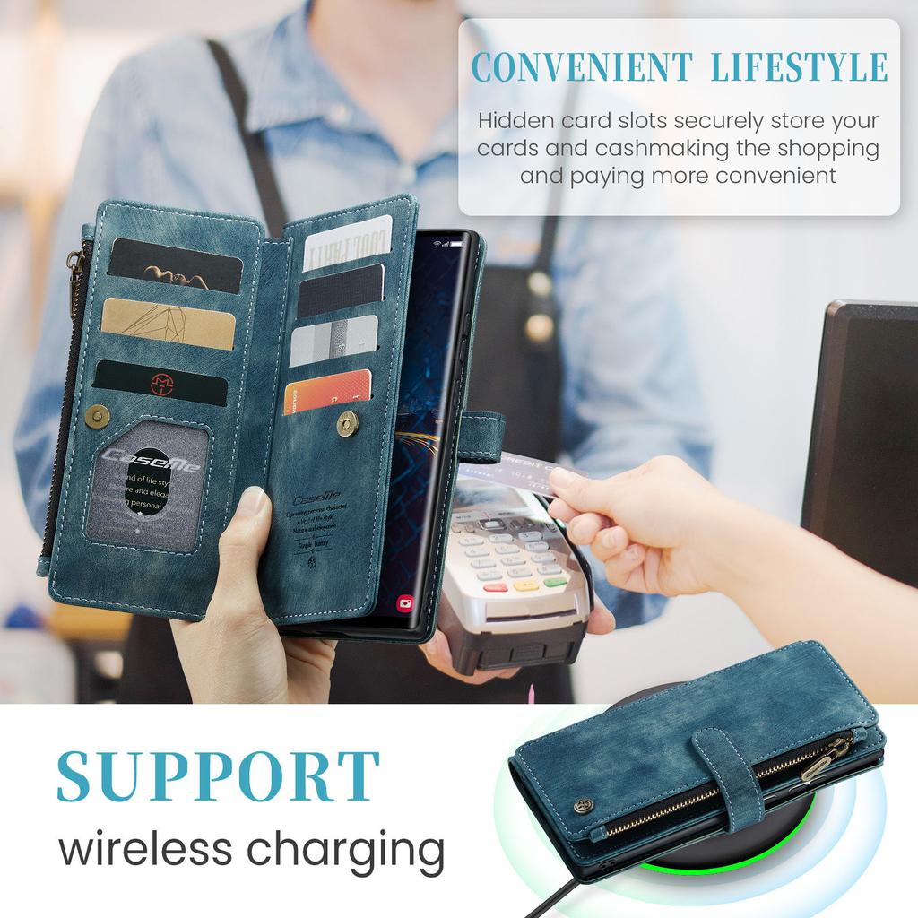 For Samsung Galaxy S25 Edge S24 S23 S22 Ultra Case, Durable PU Leather Magnetic Flip Strap Wristlet Zipper Card Holder Wallet