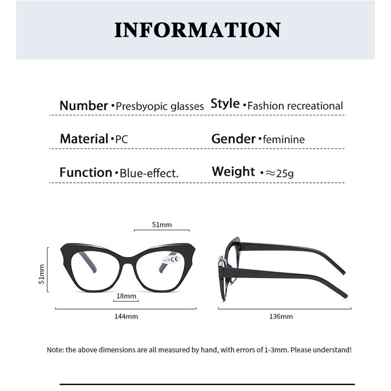 Cat Eye Reading Glasses for Women Fashionable Trendy Prescription Eyewear Anti Blue Light hyperopia Correction Eyeglass +1+1.5+2