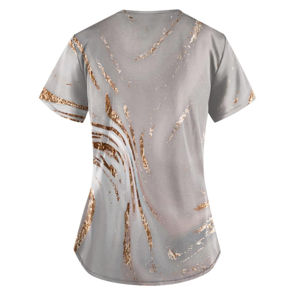 Frauen Mode Frühjahr Und Sommer Ölgemälde Druck V-ausschnitt Kurzarm Arbeitskleidung Mit Taschen Tops