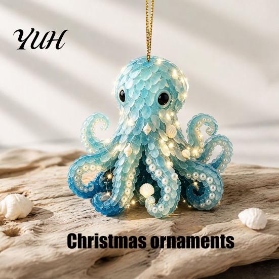 Acrylic Christmas Tree Ornaments Blue Glass House Hanging Ornament, Double Side Special Animal Theme Printed Decor Pendant, Festive Holiday