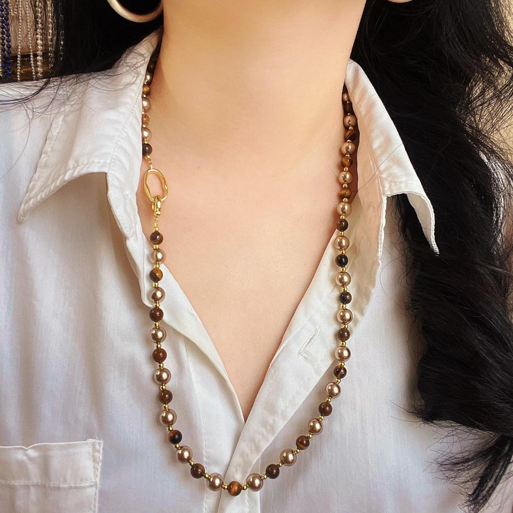 Wind Boutique Natural Tiger's Eye Stone High-gloss Artificial Crystal Pearl Maillard Wind Necklace Collarbone Chain Neck Chain Hair