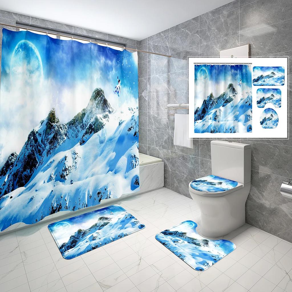 Schneeberg Duschvorhang-Set Schöne Naturlandschaft Duschvorhang Rutschfeste Badematte Toilettendeckelbezug Für Badezimmerdekoration