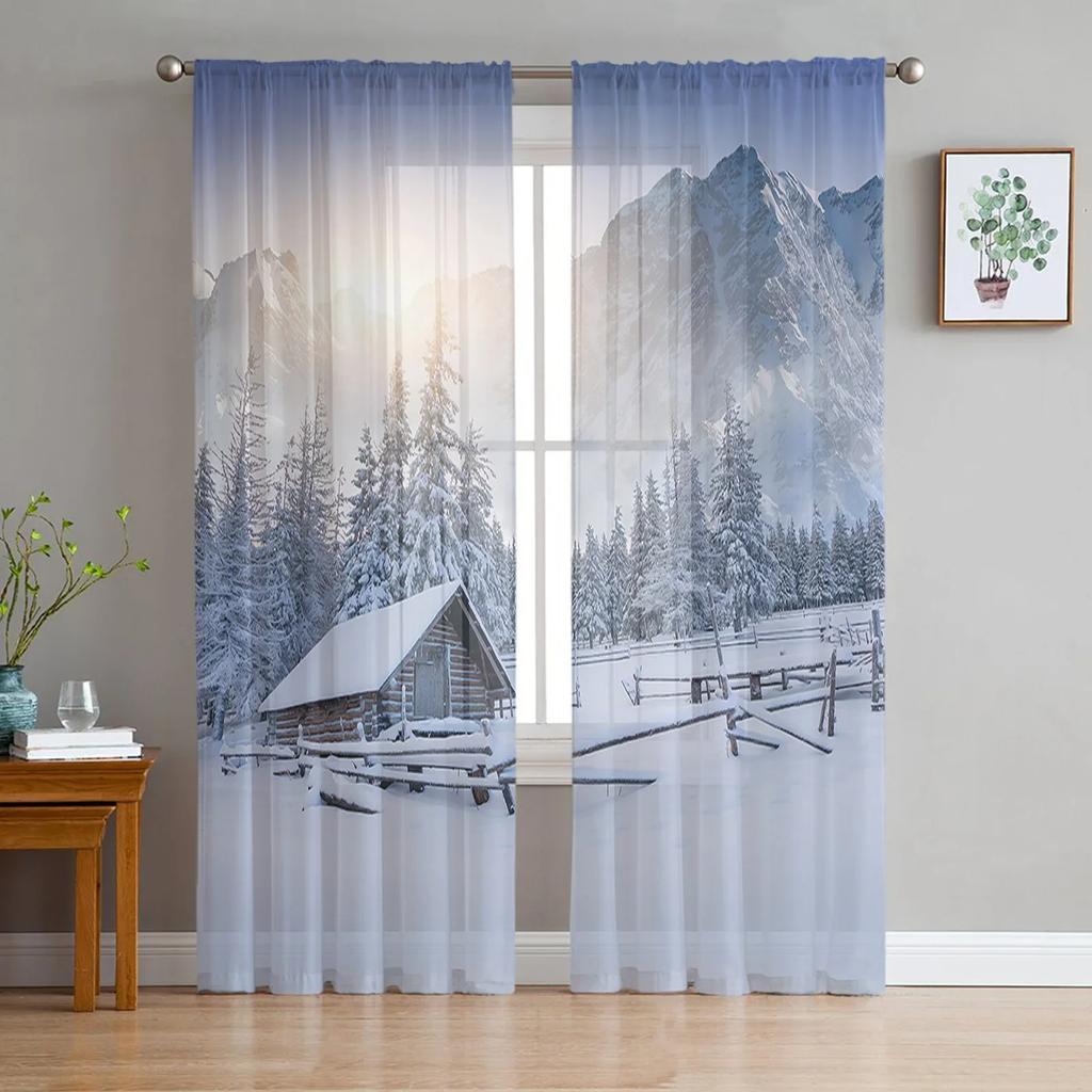 Christmas Tree Print Curtain Bedroom Living Room Cafe Xmas Snowflake Winter Semi Drape Voile Window Treatment Sheer For Sitting Made Of Polyester