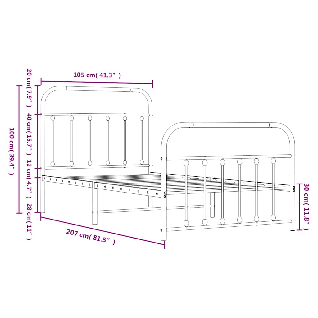 Metal Bed Frame with Headboard and Footboard White 100x200 cm