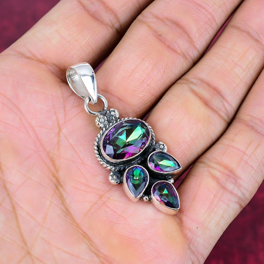Pandantiv din argint solid 925 Mystic Topaz, bijuterii cu pietre prețioase lucrate manual, pentru Ziua Memorialului