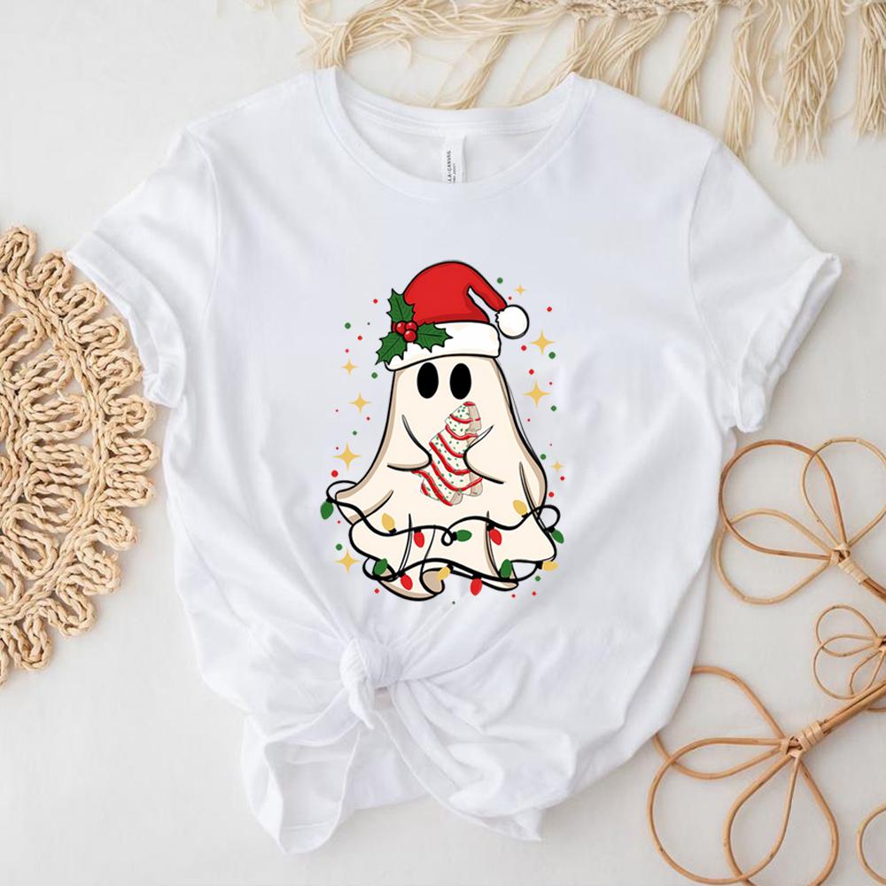 

Women Christmas Ghost Tree Cake Tshirt Merry Christmas Shirt Cute Ghost TShirts Happy New Year Short Sleeves Women Clothing S