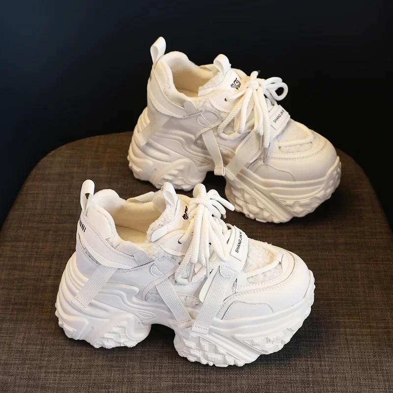 Fashion 9.5CM Women Microfiber Leather Spring Chunky Sneakers Winter Plush Fashion Ankle Booties Autumn Platform Wedge Flats Shoes