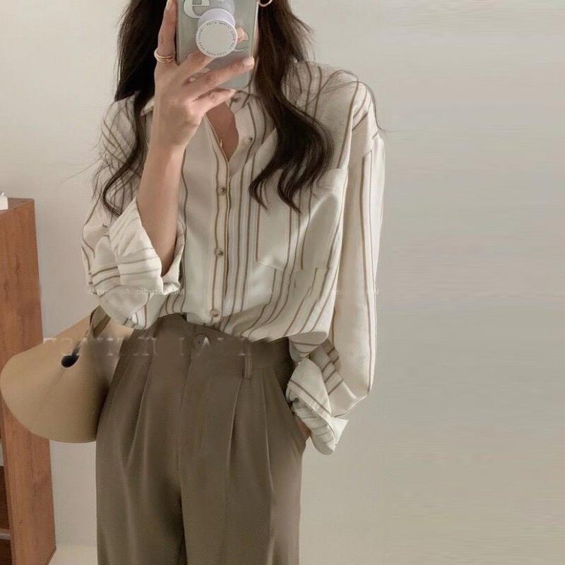 

Женская рубашка в полоску, весенние свободные модные топы с длинными рукавами для женской одежды XXL бежевый