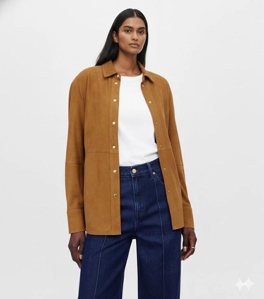 Camel Brown Women's Shirt Genuine Handmade Suede Lambskin Leather Soft Formal