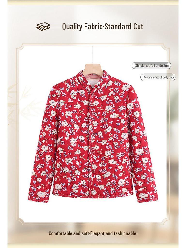 Floral Plus-Size Women's Cotton Jacket with Velvet Lining - Warm and Loose for Autumn/Winter