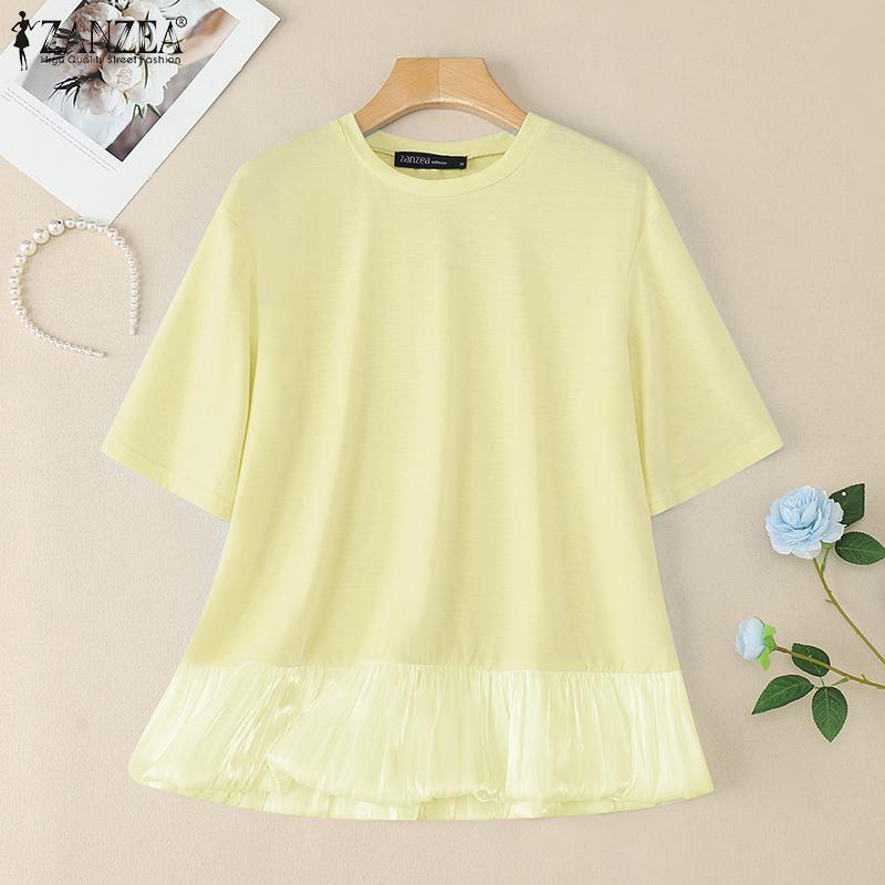 ZANZEA Women Casual Round Neck Short Sleeve Loose Patchwork Blouse