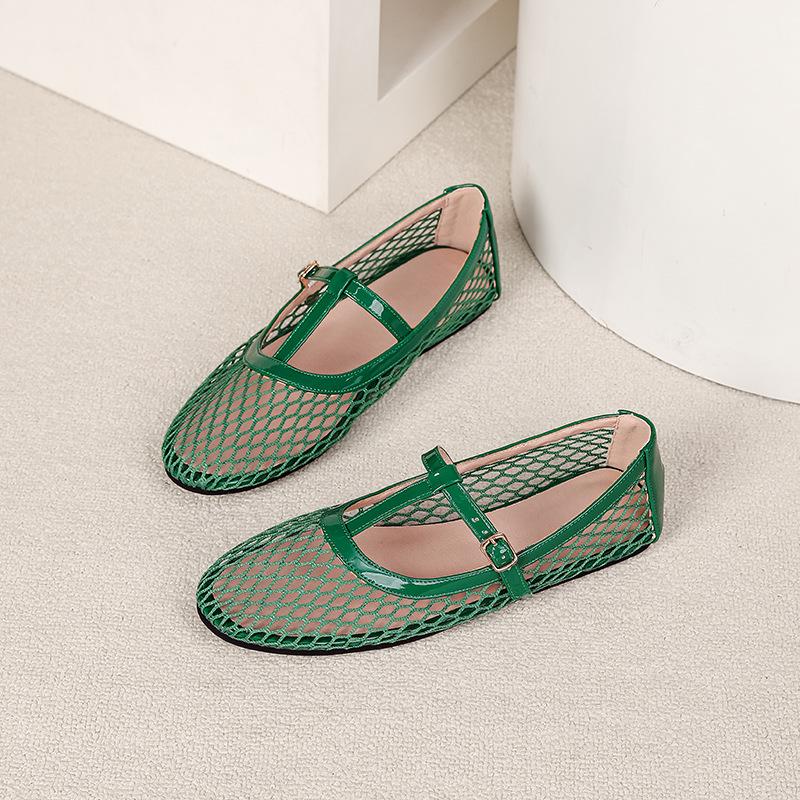Fishnet Ballet Flats for Women Comfort Dressy Shoes With Ankle Strap Summer Round Closed Toe Mary Jane Shoes Women's Casual Non-Slip Mary Jane Flats
