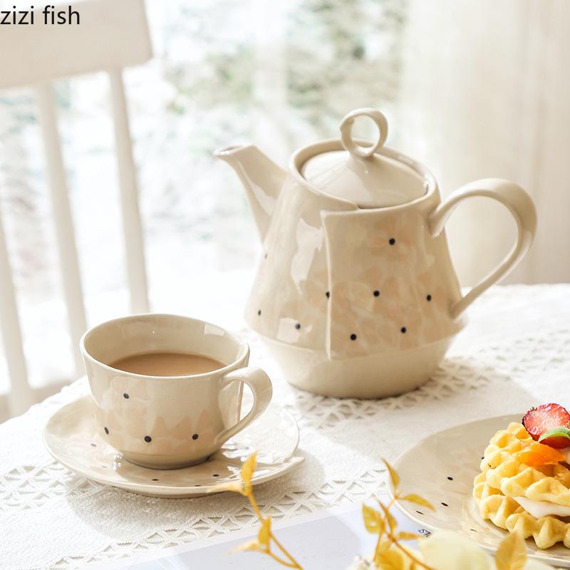 Wave Point Ceramic Coffee Cups Afternoon Tea Cup Dish Set Teapot Flower Tea Pot Kettle Dessert Plate Breakfast Cup Water Cups