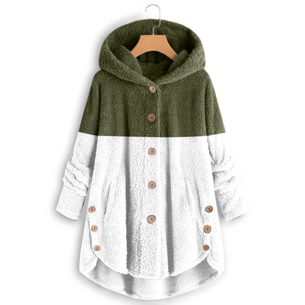 Women's Fashionable Patchwork Loose Hooded Plush Button Long Sleeved Loose Warm Jacket