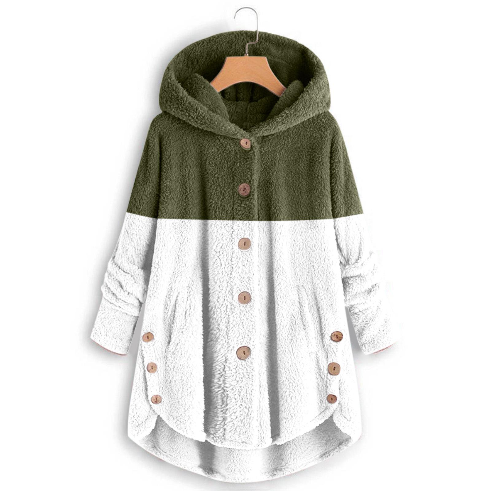 Women s Fashionable Patchwork Loose Hooded Plush Button Long Sleeved Loose Warm Jacket L армия зеленый