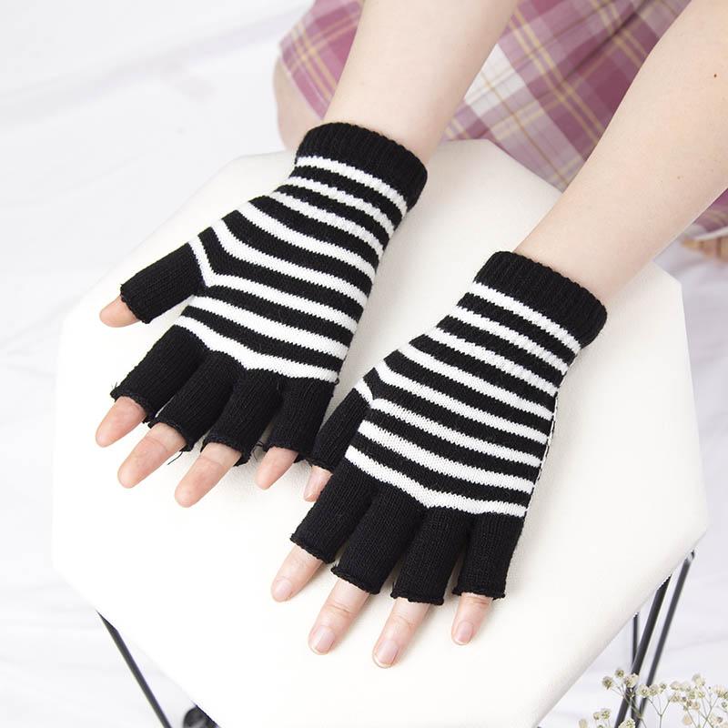 1Pair Unisex Black Stripes Half Finger Fingerless Gloves for Women Wool Knit Wrist Cotton Gloves Winter Warm Men Workout Gloves