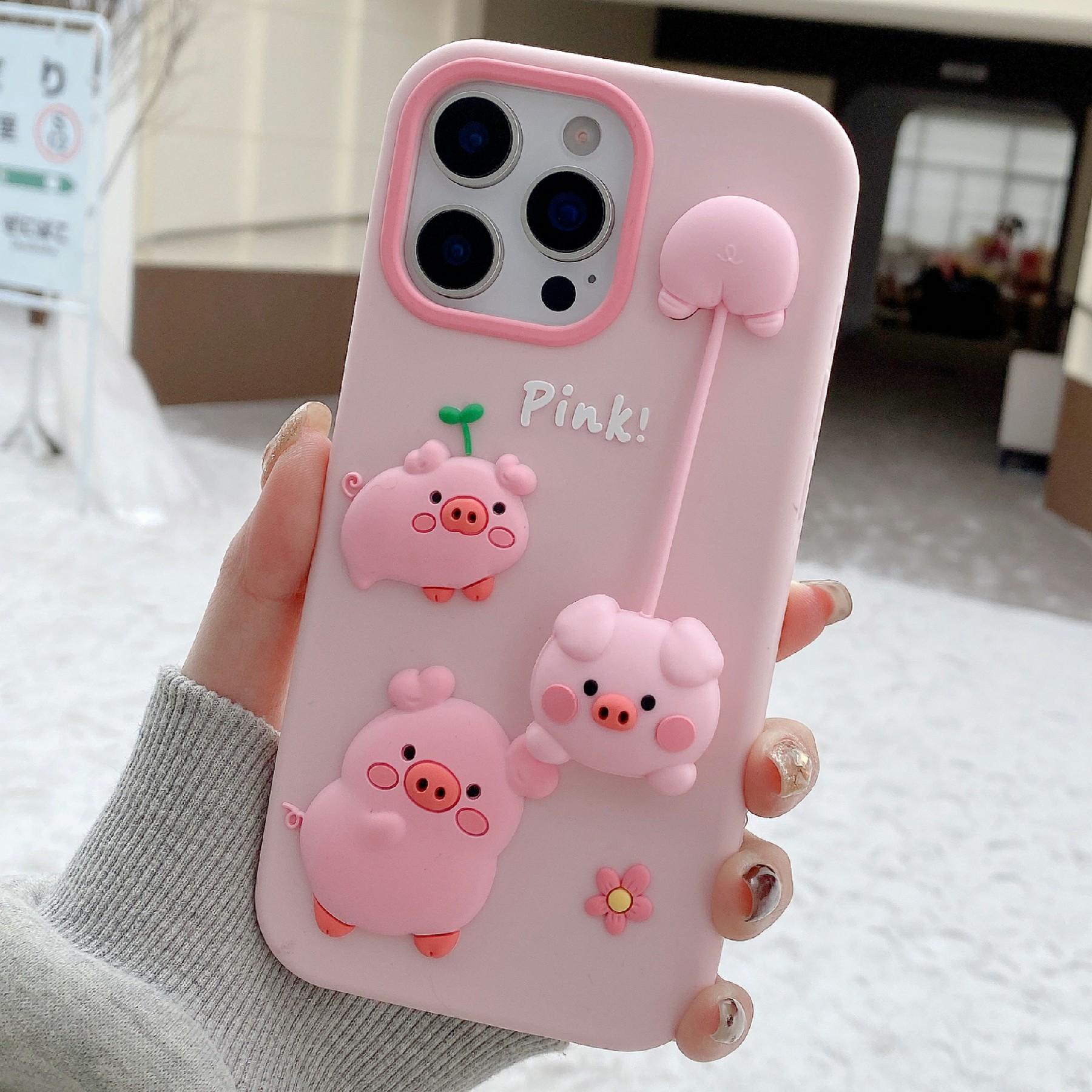 For iPhone 16 Pro Silicone Case Cute 3D Cartoon Pig Pendant Shockproof Phone Back Cover