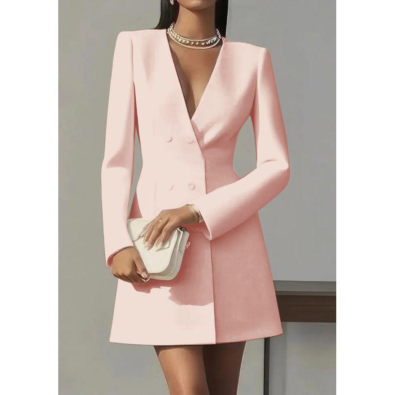 

European and American Autumn Double Breasted Solid V-neck Suit French style Women clothes Long sleeve Professional Dress Female Suit Dress Pink M