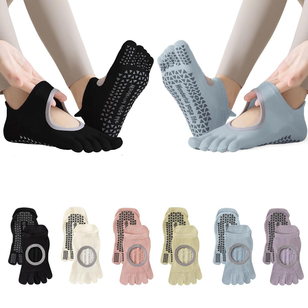 Amzbag Pilates and Yoga Socks 3D 3D Stylish for Indoor and the Gym Toe or Free Black Light Blue of 2 [Five-Toe Socks, Non-Slip, Stay-Stay Heel]