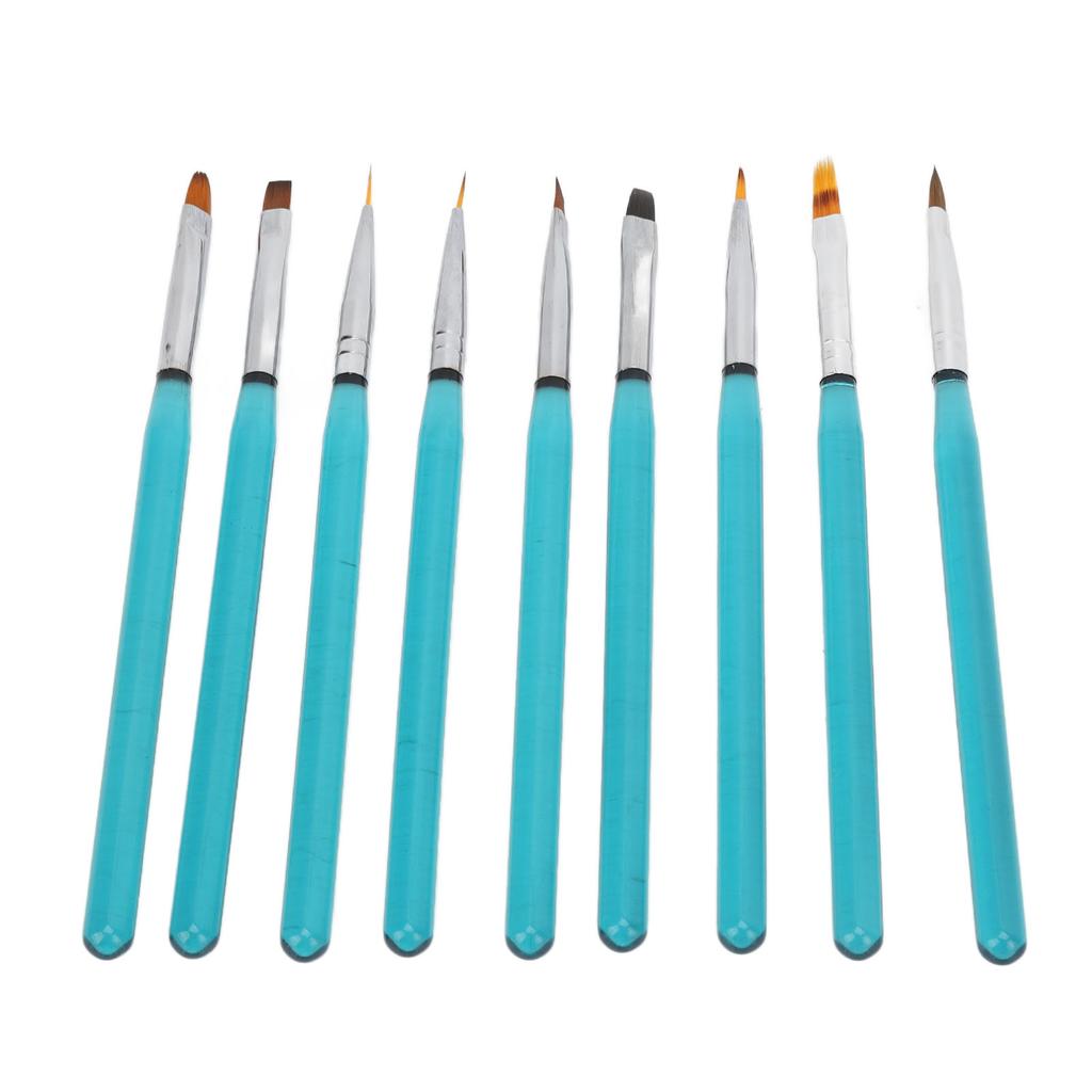9Pcs Nail Art Brush Set Nylon Hair Nail Design Brushes with Transparent Blue Metal Rod for DIY Nail