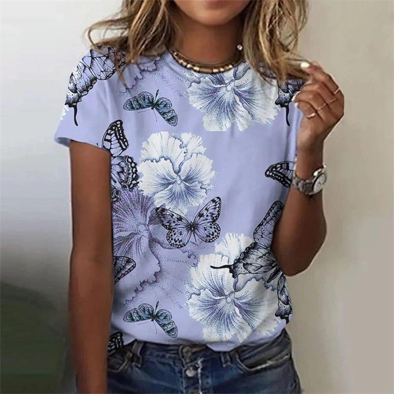 Zomer Casual Vintage Dames T-shirts Dames 3D Print Vlinder Ronde Hals T-shirt Dames Mode Los Kort Gebreide Mouw