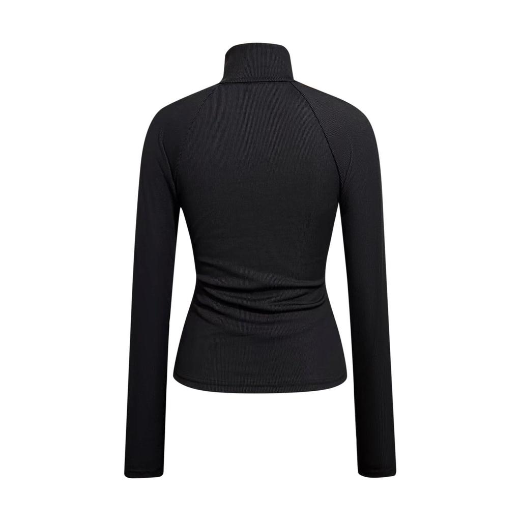 Ribbed Mock Neck Long Sleeve Top with Zipper Detail