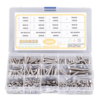 300 Stück Edelstahl M4 M5 DIN933 Schraube Sechskantschrauben DIN934 Mutter DIN125 Unterlegscheibe zur Reparatur