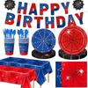 Rood en Blauw Spinnen Verjaardagsfeest Decoratieset: Banner, Krullen, Trekbloemen, Poster, Frietbakjes.