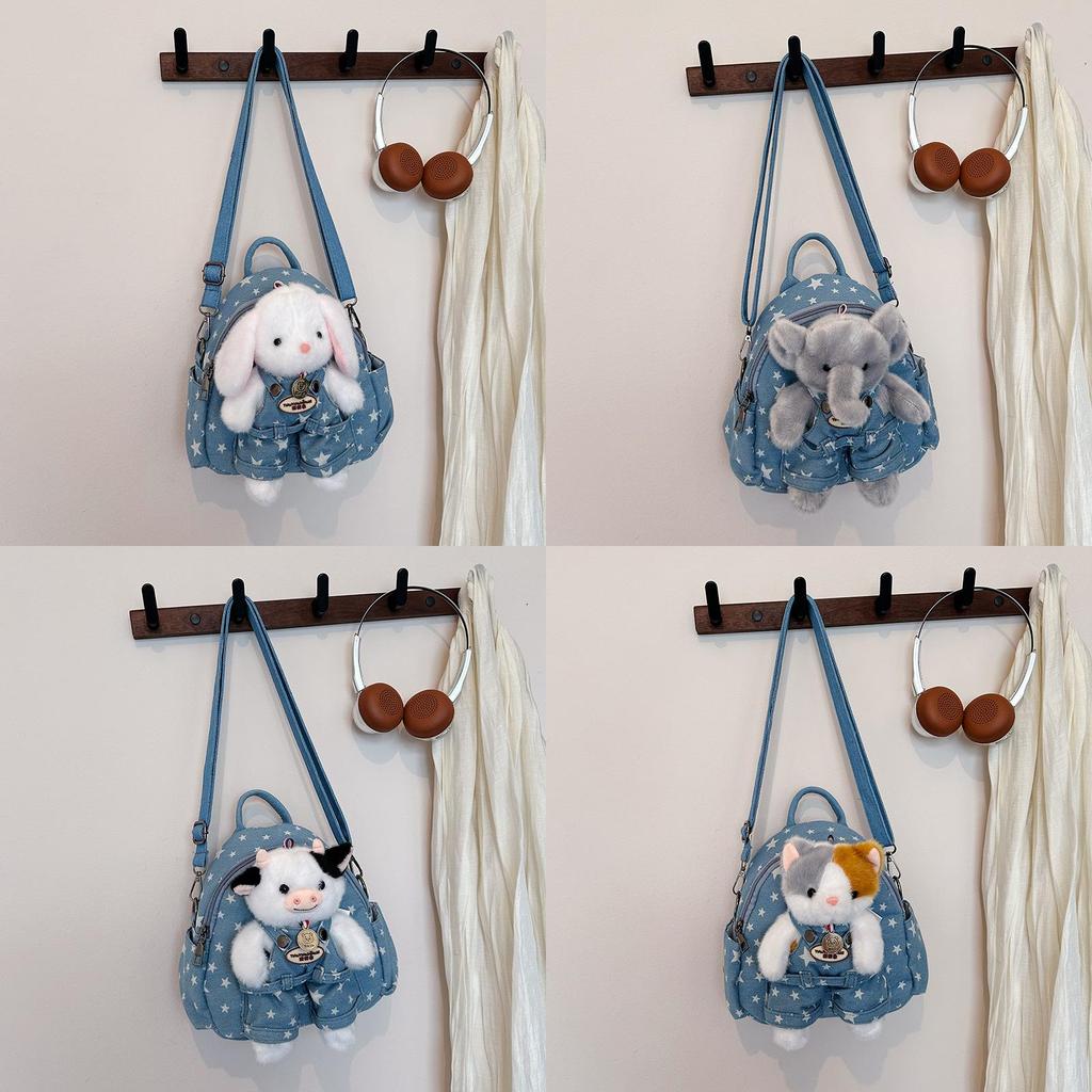 Cartoon Double Shoulder Backpack For Girls Kids Travel Lightweight Denim School Bag With Zipper Closure