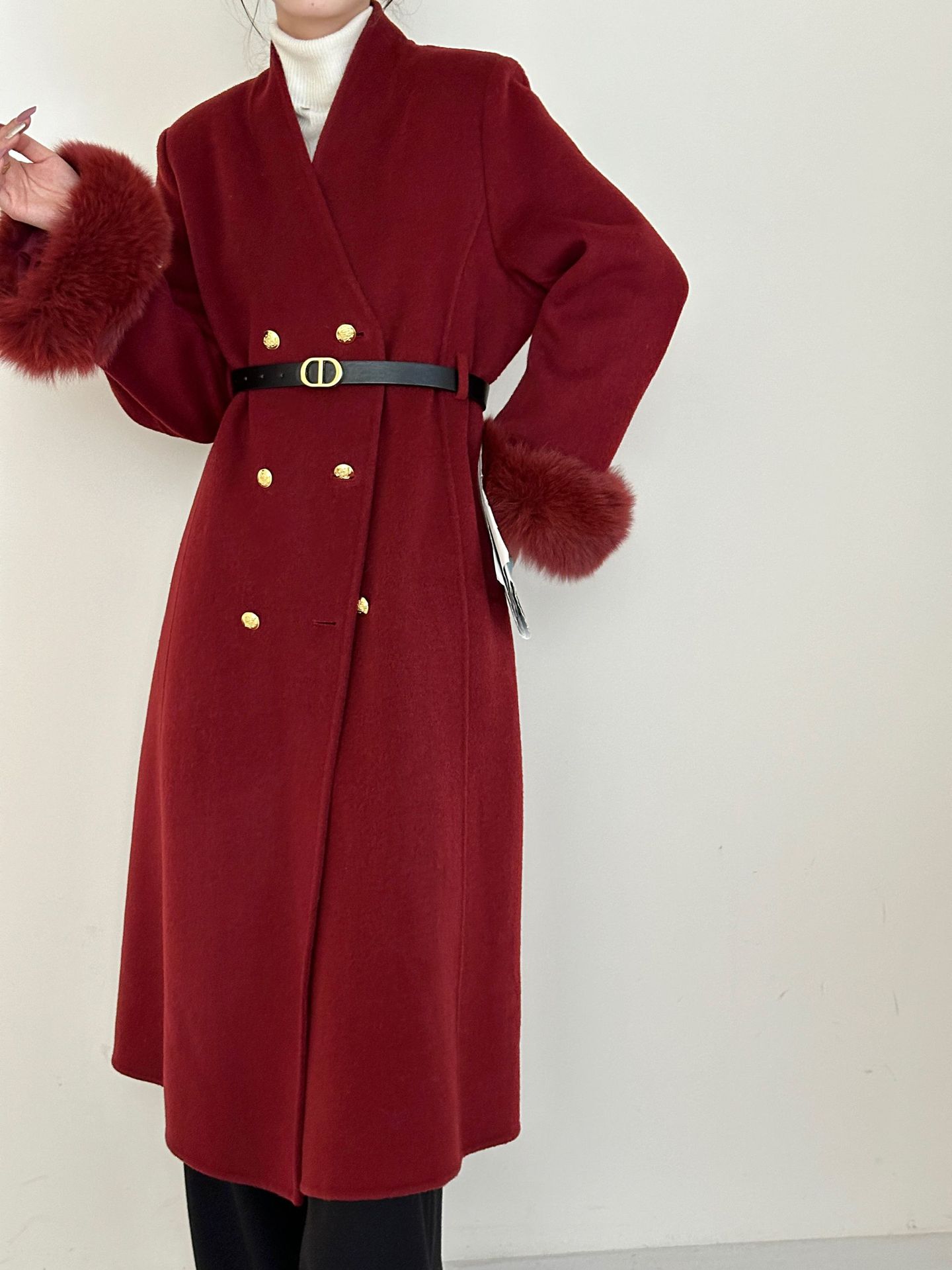 

25 New fox fur removable cuff stand-up collar double-breasted lace-up double-sided wool woolen coat jacket women S червоний