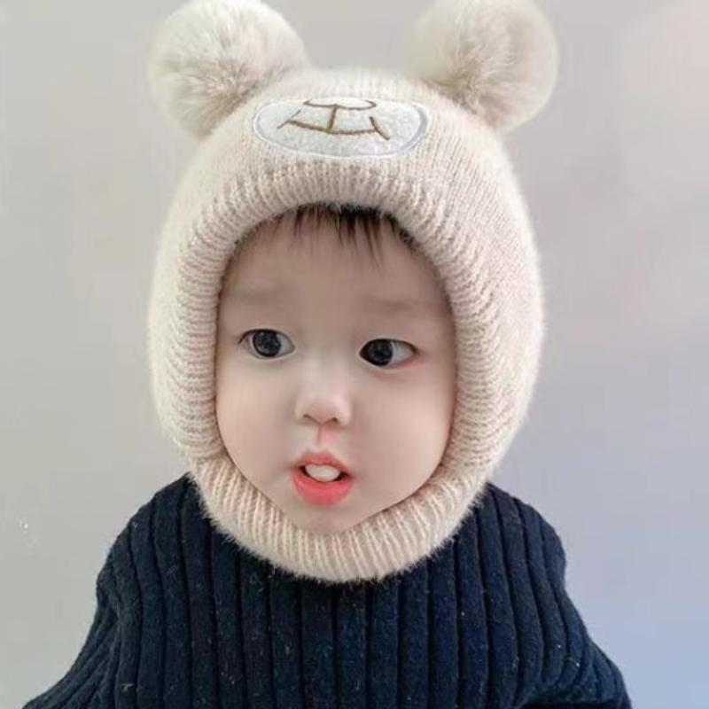 Cute Cartoon Bear Baby Hat Scarf Winter Warm Double Pompom Ear Protection Hats Bonnet Newborn Toddler Boy Girl Beanies