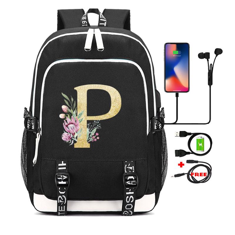 26 English Letters Black Backpack Cosplay Canvas Rucksack Children Kids Schoolbag Travel Bag Back To School Bookbag