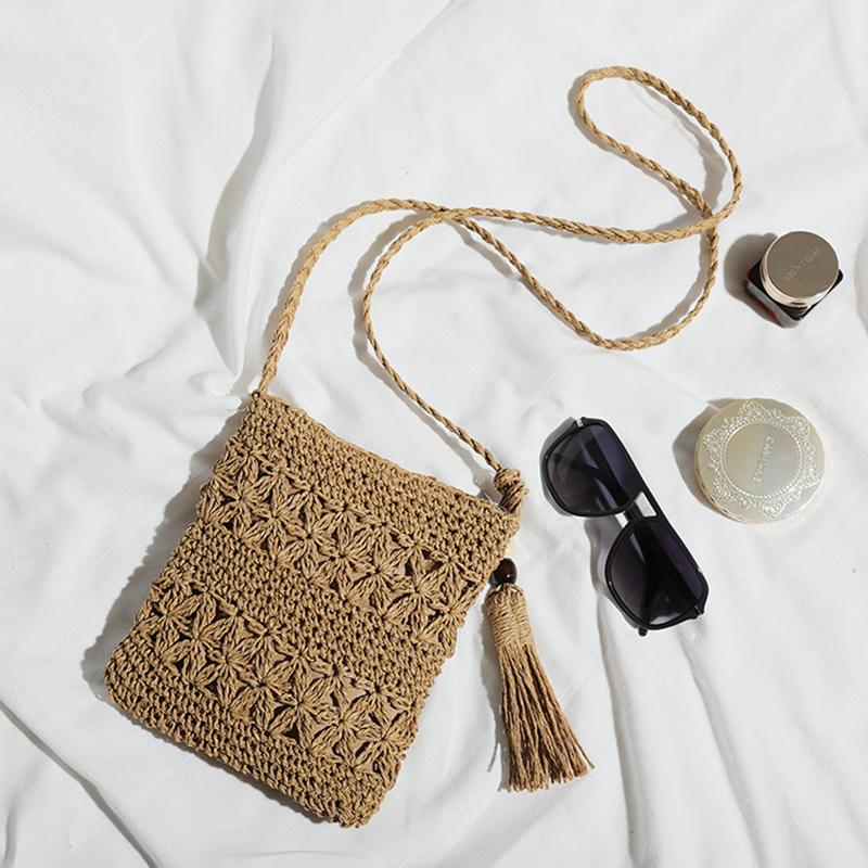 Summer Woven Straw Shoulder Bag with Tassel Bohemian Hollow Out Crochet Beach Crossbody Bag for Women