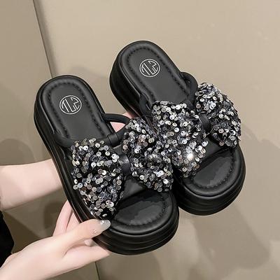 Mode Vrouwen Bling Chunky Slippers Zomer Dames Strand Flip-Flops Sleehakken Buitensandalen Vrouw Hoog Platform Leren Schoenen 7.5CM