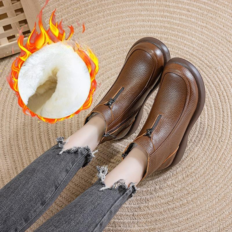 Cowhide Cotton Shoes, Flat-bottomed Wool Short Boots, Women's Winter Plus Velvet Warm Boots, Soft-soled Non-slip Leather Boots
