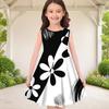 Girls Round Neck Sleeveless Black White Swirl Printed A Line Flared Hem Dress