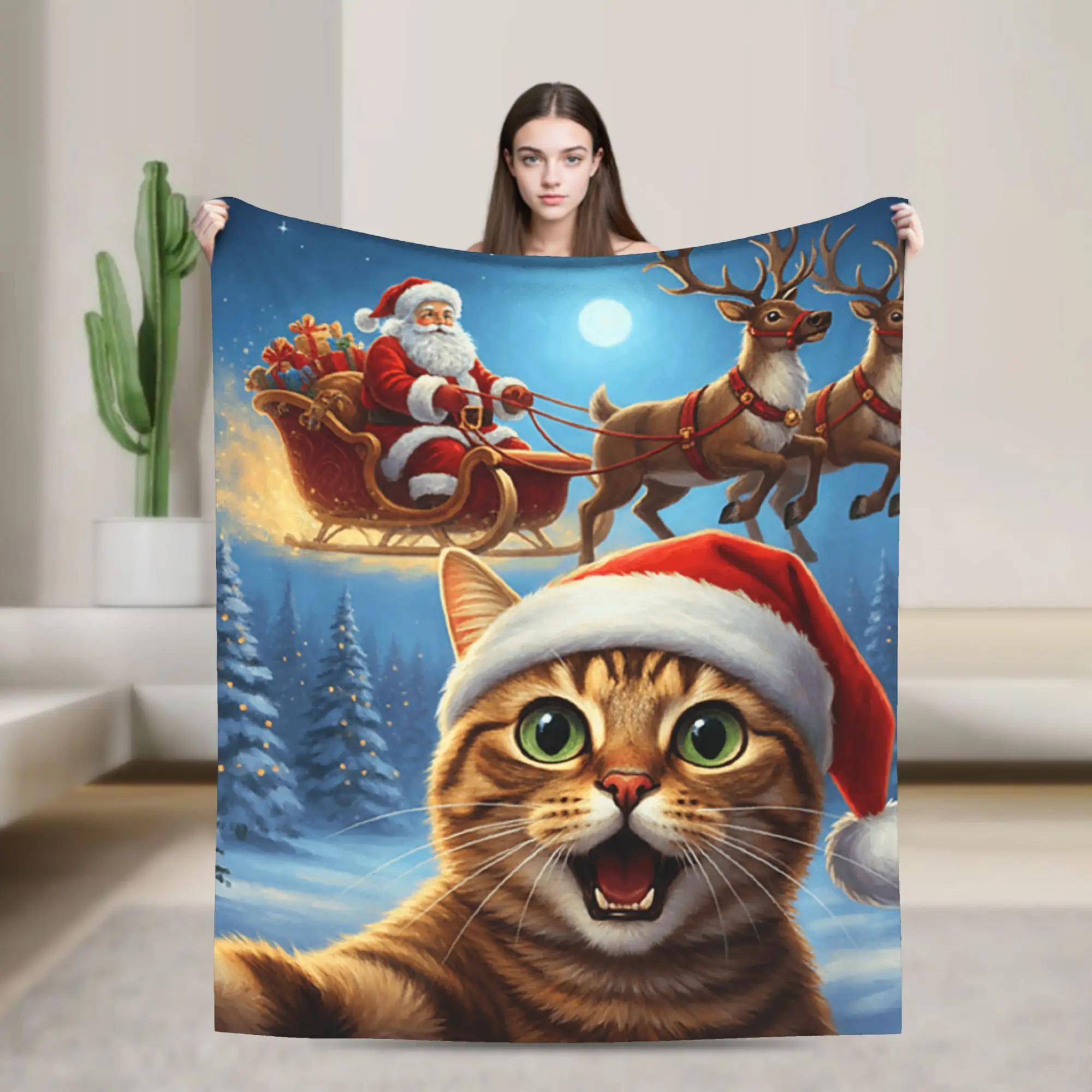Warm Christmas Throw Blanket for Kids Flannel Bed Cover with Santa Claus Reindeer Sleigh Cat Selfie Picnic Design for Bedroom 100x150cm