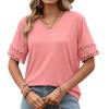Solid Color V Neck Lace Splicing Loose Short Sleeve Casual T Shirt Top